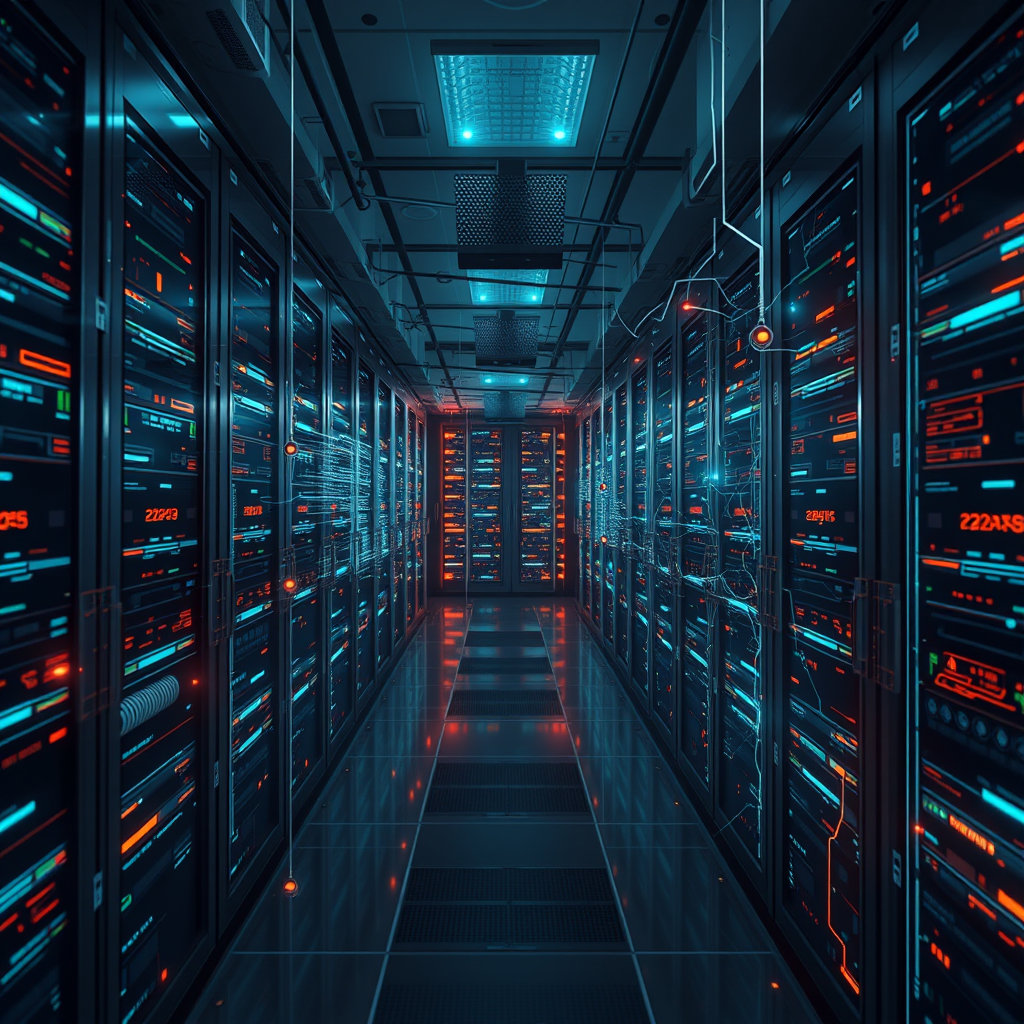 a data center with visible AI elements, such as digital neural network overlays and futuristic data processing visuals