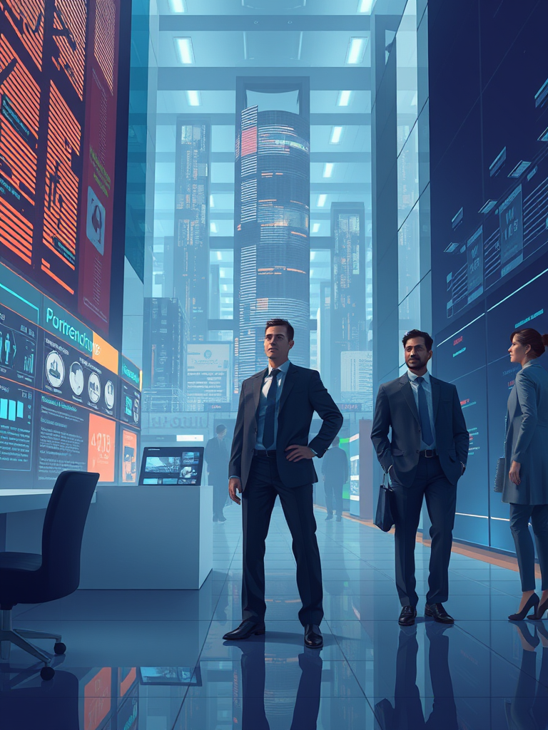 business and technology themed scene inspired by the Microsoft Fabric homepage, featuring modern UI elements and business people in the background